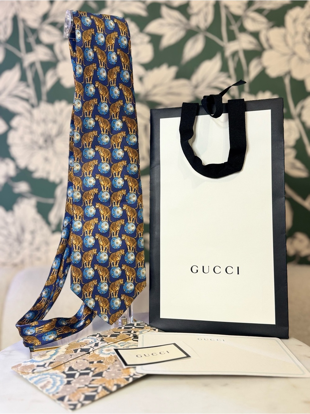 Gucci RARE Tiger Pattern Silk Tie, Gucci Bag, Card, Envelope, Seal